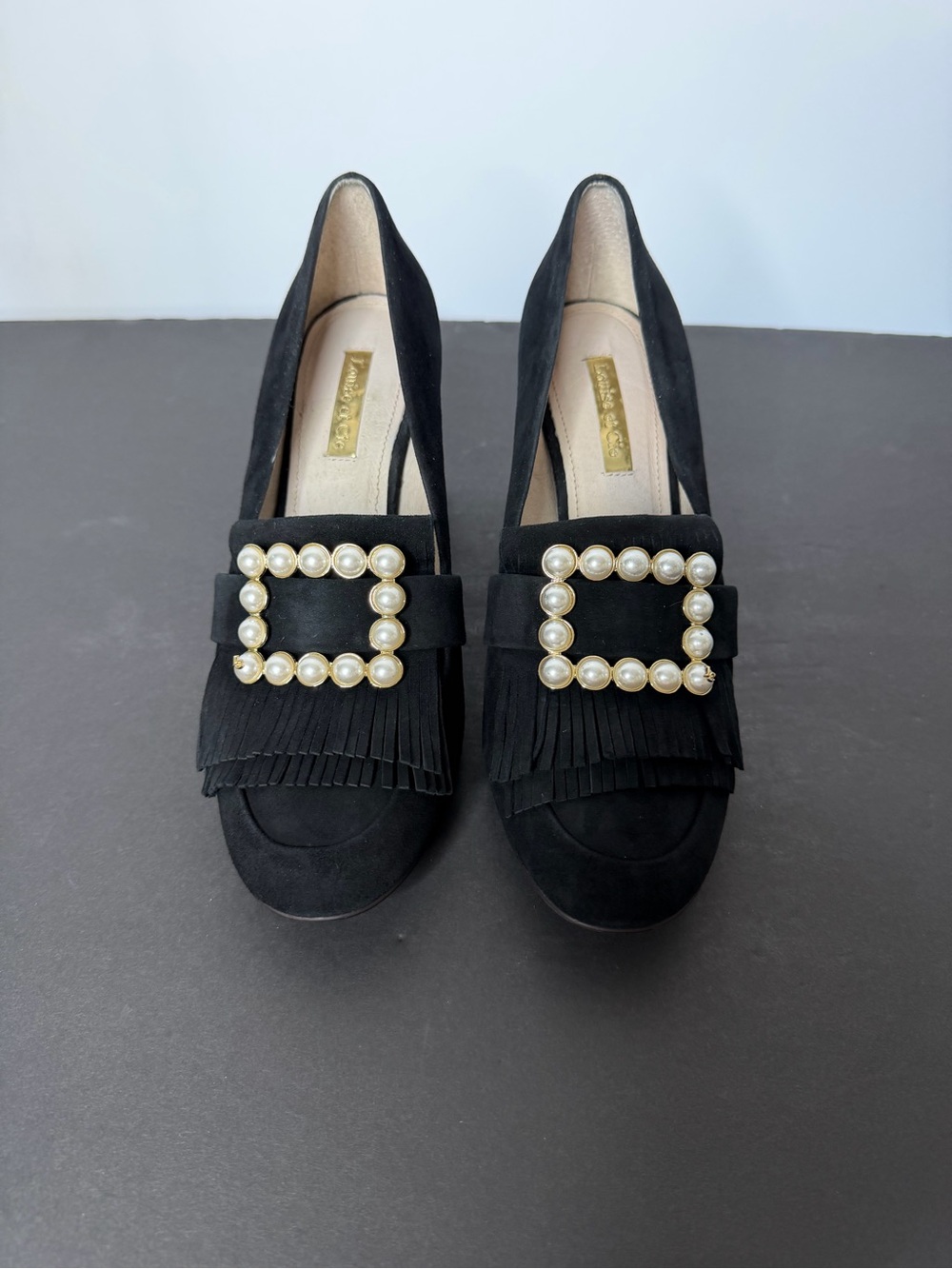 Louise et Cie Black Suede Pearl-Buckle Fringe Pumps